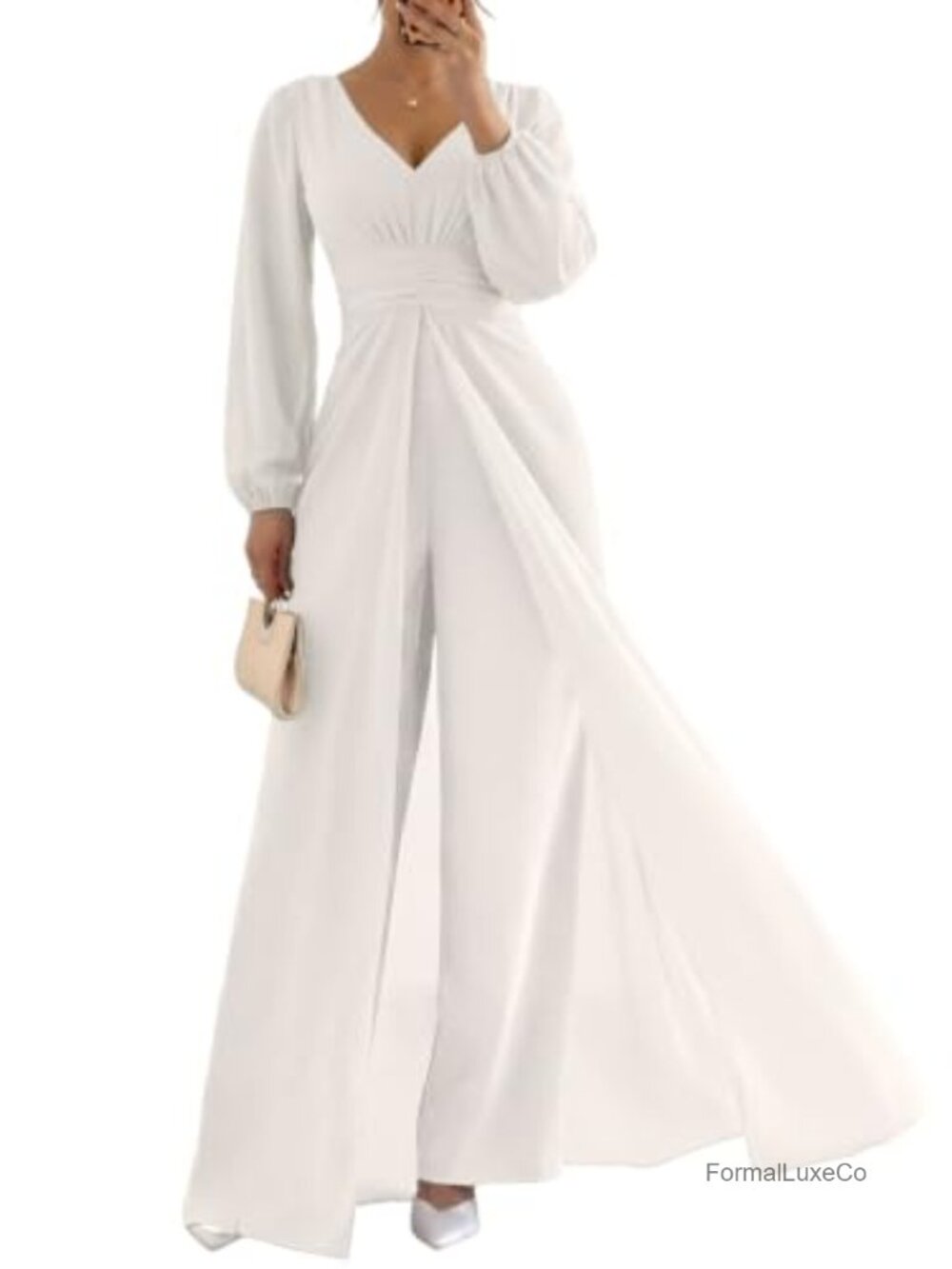 Chiffon Overlay V-Neck Wide Leg Jumpsuit Long Sleeve Dressy Romper